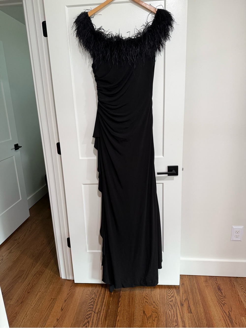 Jovani Black Feather-Trim Maxi Gown